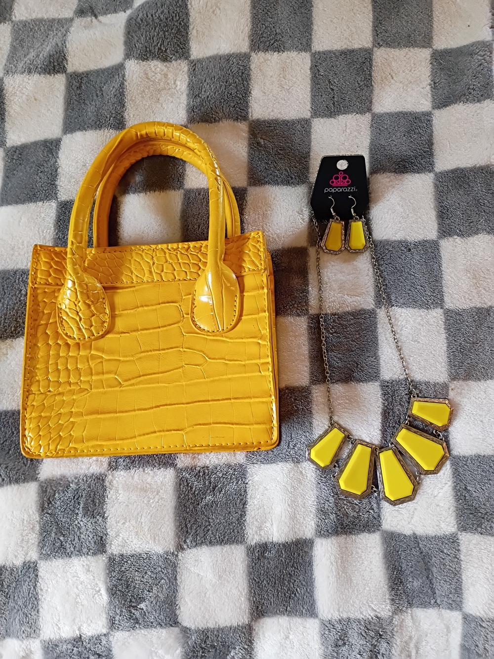 paparazzi Yellow Croc-Embossed Mini Tote with Matching Necklace & Earrings